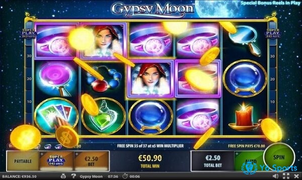 Giao diện của Gypsy moon slot gồm 5 cuộn và 3 hàng