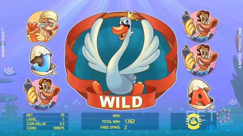 Biểu tượng chú vịt trắng là biểu tượng Wild của trò chơi Scruffy Duck slot